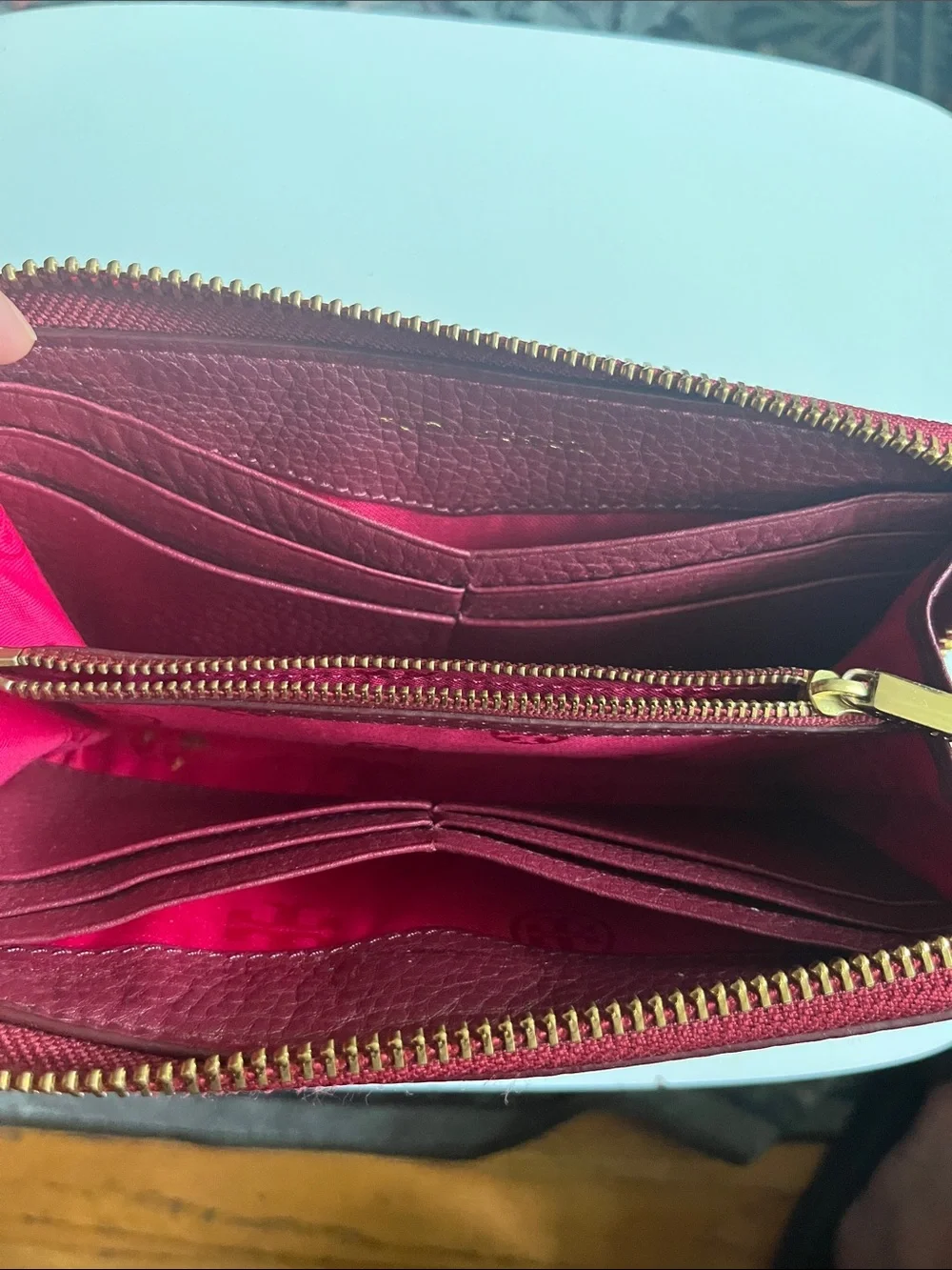 Tory Burch Hot Pink Zip-Around Pebbled Leather Wallet with Logo